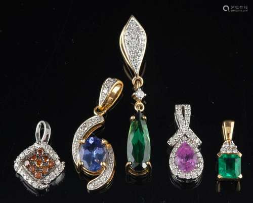 Five gem set pendants,: to include a pink sapphire and diamo...