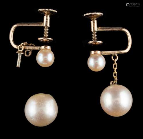 A pair of pearl earrings,: the 8.9mm pearls suspended from a...