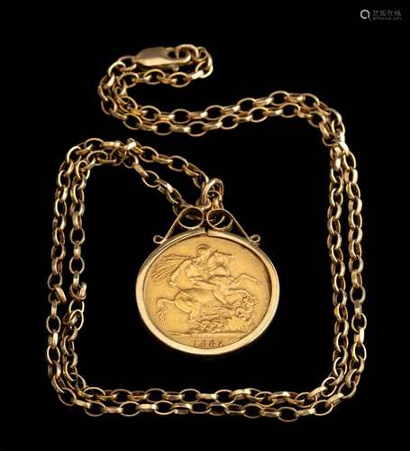 A Victoria gold sovereign,: 1887, in a pendant setting, on a...