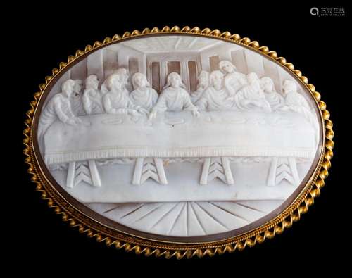 A 9 carat gold oval shell cameo brooch depicting The Last Su...