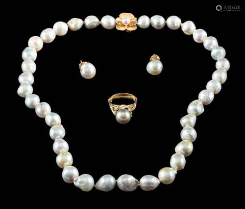 A baroque-formed, cultured pearl yellow metal necklace and p...