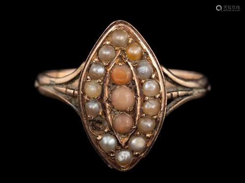 A late 19th century seed pearl ring:, the navette shaped pan...