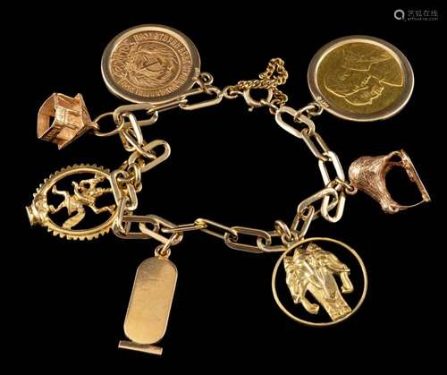 A gold coloured charm bracelet,: the polished link bracelet ...