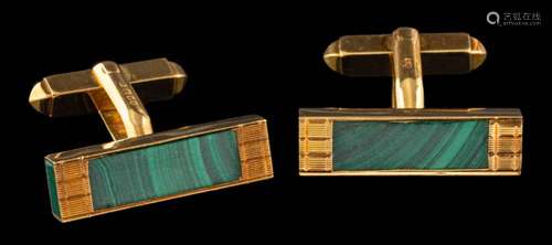 A pair of 18 carat gold malachite cufflinks,: the rectangula...