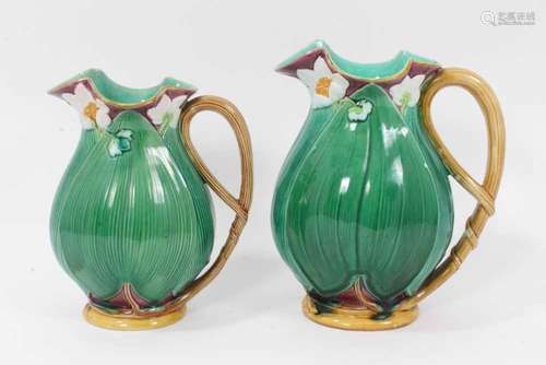 Two Victorian Minton majolica jugs, moulded with large leave...