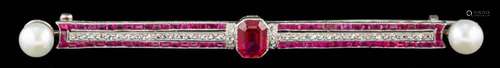 A 1920s French ruby and diamond brooch,: the central rectang...