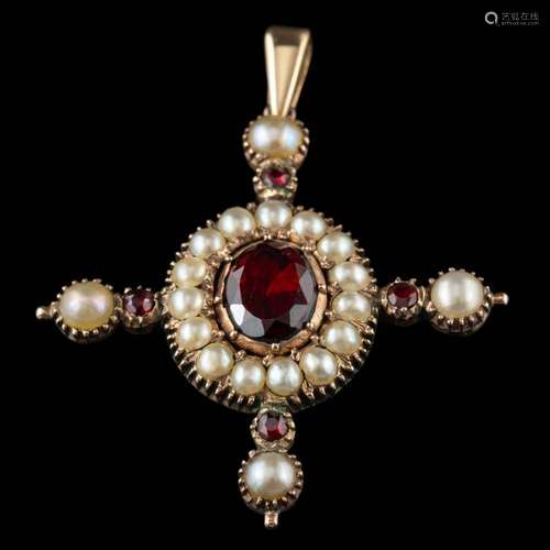 A garnet and pearl pendant,: the central oval cut garnet wit...