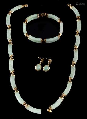 A jadeite necklace,: the polished curved panels of jadeite w...