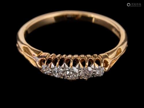 A diamond five stone ring,: set with five old cut diamonds, ...