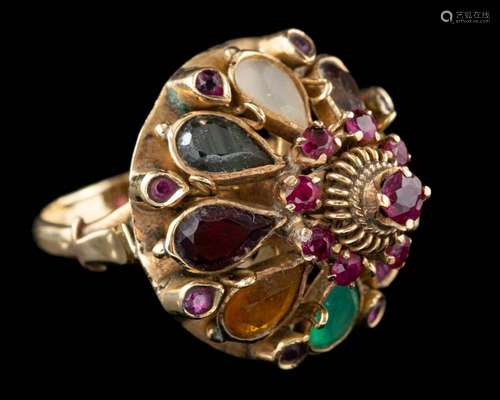 A multi gem set ring,: the domed ring in Navratna style,