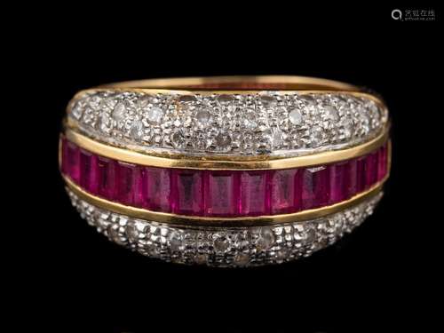 A ruby and diamond ring,: the central row of square cut rubi...