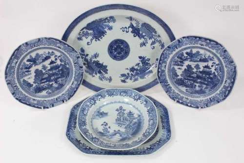 Five 18th century Chinese blue and white export dishes, one ...