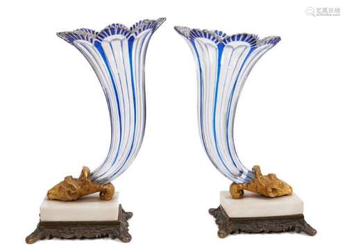 A pair of mid 19th century Bohemian blue flash glass cornuco...