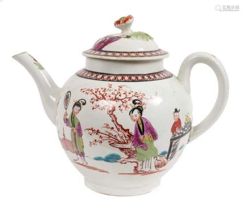 A Worcester teapot and cover, circa 1770, painted in Chinese...