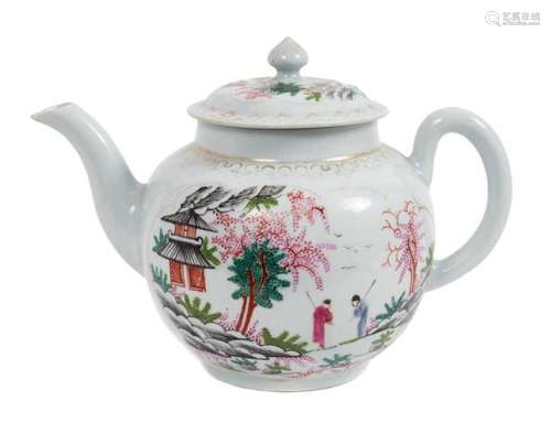 A rare Chaffers Liverpool teapot and cover, painted with the...