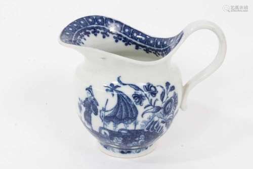 An unusual Caughley helmet shaped milk jug, printed in blue ...