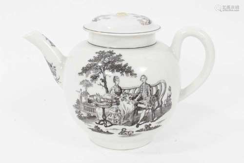 A Worcester teapot and cover, printed by Robert Hancock with...