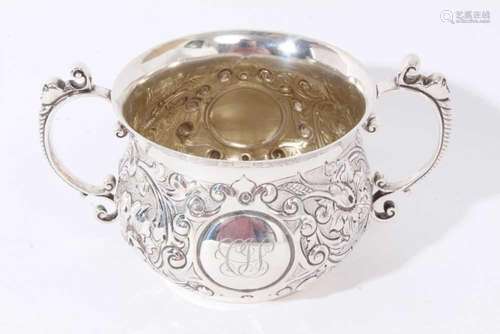 Victorian silver two-handled porringer with embossed decorat...