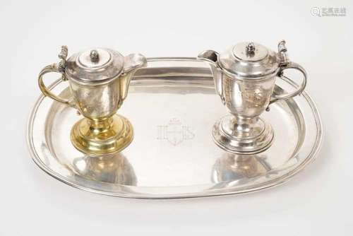 Early 18th century Liège silver dish and two silver cruets, ...