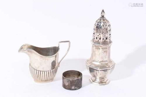 Silver castor, milk jug, napkin ring