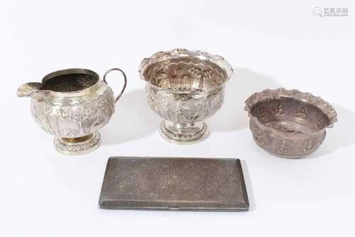 Selection of Indian silver cigarette case, sugar bowl and cr...