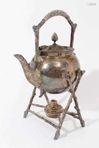 Victorian silver plated tea kettle on burner stand