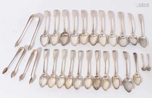 Collection of silver teaspoons, two pairs of sugar tongs etc