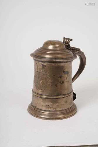 George II silver tankard with hinged cover and engraved fami...