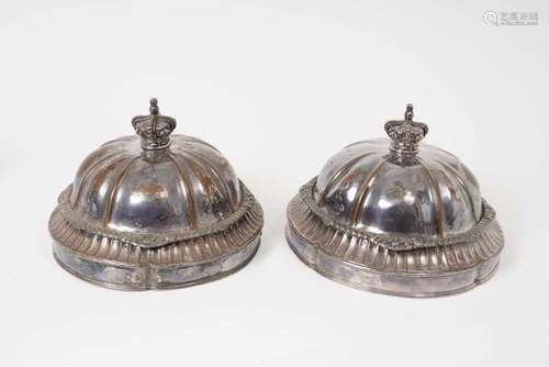 Pair of Sheffield plate domed covers with silver coronet fin...