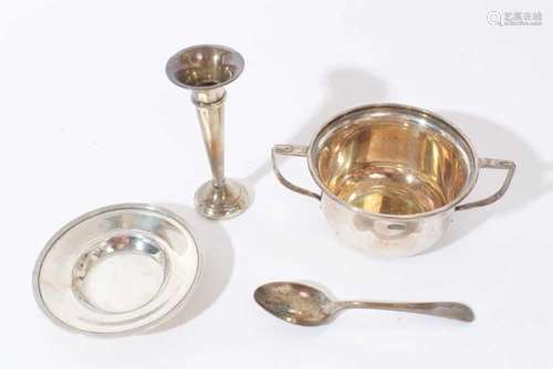 George III silver dish, a silver christening bowl and spoon ...