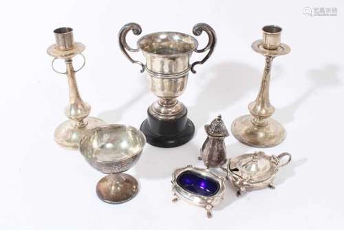 Pair of Art Nouveau candlesticks, trophy cup, other small si...