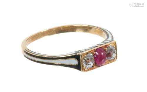 Good quality antique French ruby, diamond and enamel ring wi...