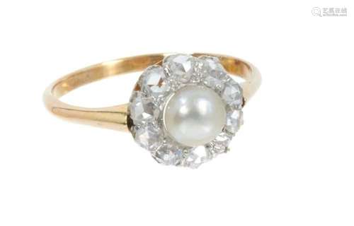 Antique cultured pearl and diamond cluster ring