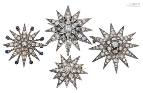 Four diamond star brooches with old cut and brilliant cut di...