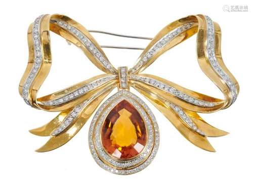 Large citrine, diamond and 18ct gold bow brooch with a large...