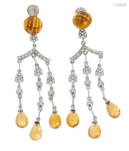 Pair of diamond and citrine pendant earrings, the chandelier...