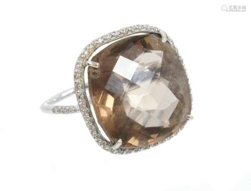 Smokey quartz and diamond ring with a large cushion shape fa...