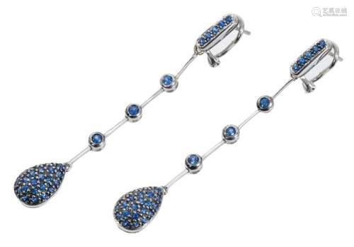 Pair of 14ct white gold and blue sapphire pendant earrings