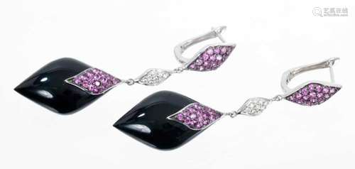 Pair of diamond, black onyx and pink sapphire pendant earrin...