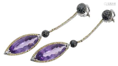 Pair of diamond and amethyst pendant earrings, the marquise ...