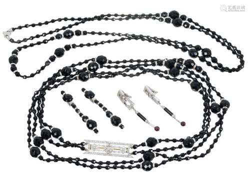 Edwardian style diamond and black onyx bead necklace with a ...