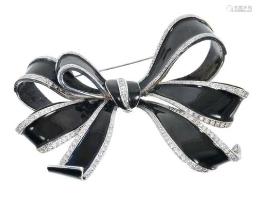 Large diamond and black enamel bow brooch, the black enamel ...