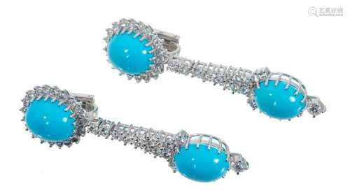 Pair of diamond and turquoise pendant earrings, each with tw...