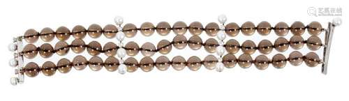 Diamond, smokey quartz and cultured pearl bracelet