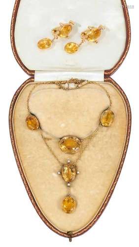 Edwardian citrine and seed pearl necklace with oval mixed cu...