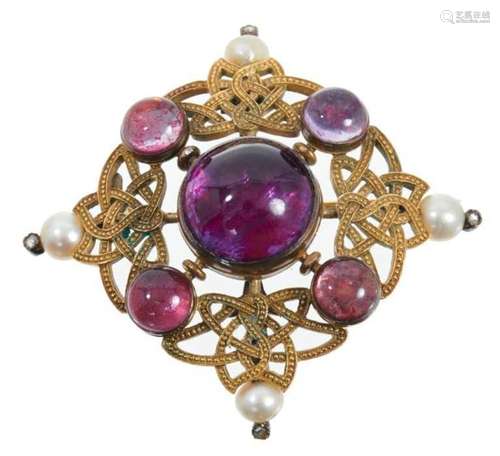 19th century Renaissance revival gold amethyst, pearl and di...