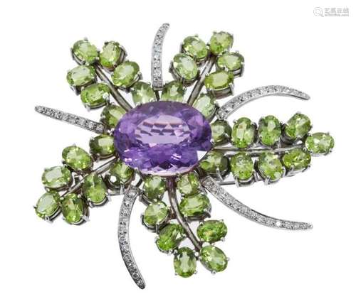 Diamond, peridot and amethyst brooch in the form of a stylis...