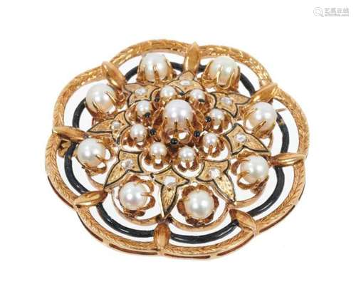 Antique continental 18ct gold diamond, cultured pearl and bl...