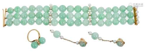 Jade diamond and cultured pearl bracelet, earrings and ring ...