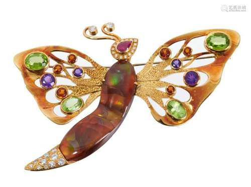 Large 18ct gold diamond and multi-gem novelty butterfly broo...